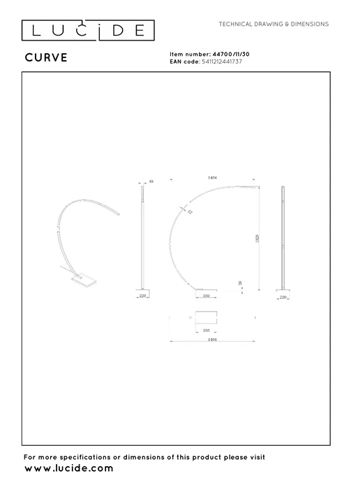 Lucide CURVE - Booglamp - LED Dimb. - 1x15W 2700K - Zwart - technisch